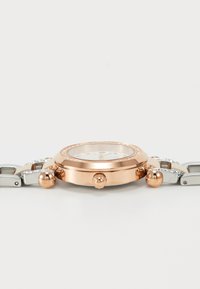 Montre métallique avec une lunette en or rose, un cadran rond et un bracelet en argent avec des accents clairs. Deux boutons sur le côté.