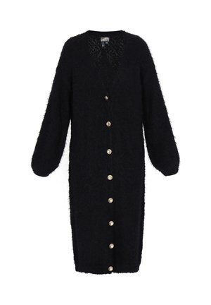 Cardigan fuzzy negru cu decolteu adânc în V, mâneci lungi și butoane aurii pe față. Material texturat pentru confort suplimentar.