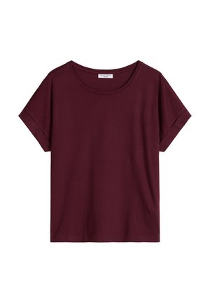 Bordeauxrood T-shirt met korte mouwen, ronde hals, opgerolde mouwboorden en een losvallende pasvorm, afgebeeld op een effen witte achtergrond.