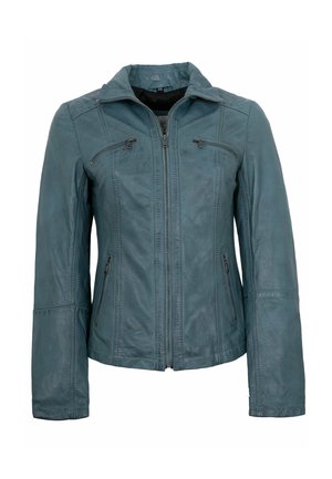 Türkisblauer Lederjacke mit vorderem Reißverschluss, zwei Reißverschlusstaschen auf der Brust und zwei Reißverschlusstaschen an den Seiten, mit einem kurzen Stehkragen.