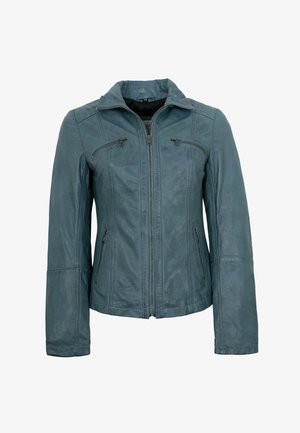 Teal blue leather jacket with front zipper, two zippered chest pockets, and two zippered side pockets, featuring a short stand-up collar.