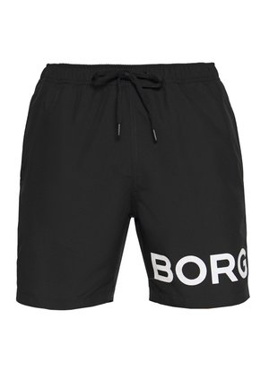 Schwarze Badeshorts mit elastischem Bund und Kordelzug. Auf der linken Seite befindet sich ein großes weißes "BORG"-Logo. Glattes, leichtes Material.