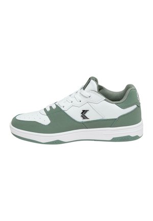 White and green athletic shoe with a smooth leather upper, textile accents, a textured sole, and a logo on the side. Laces are included.