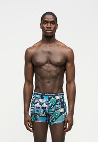 Homme musclé debout face à l'avant, portant un boxer coloré à motifs avec une ceinture "BJÖRN BORG" sur un fond blanc uni.