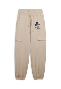 Pantaloni jogger in cotone beige con cintura elastica. Presentano tasche laterali e tasche in stile cargo. Decorati con una grafica blu di Mickey Mouse.