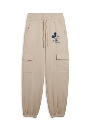 Jogging en coton beige avec taille élastique. Comprend des poches latérales et des poches de style cargo. Décoré d'un graphisme bleu de Mickey Mouse.