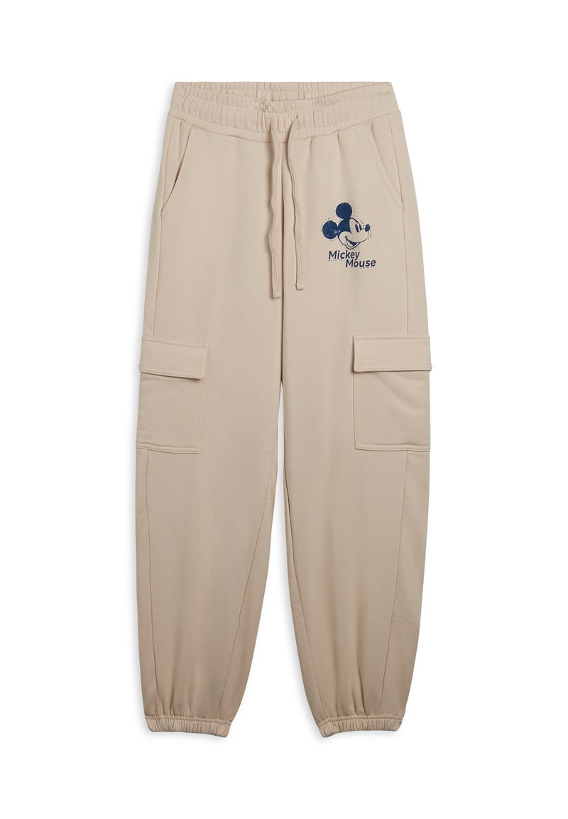 Pantaloni jogger in cotone beige con cintura elastica. Presentano tasche laterali e tasche in stile cargo. Decorati con una grafica blu di Mickey Mouse.
