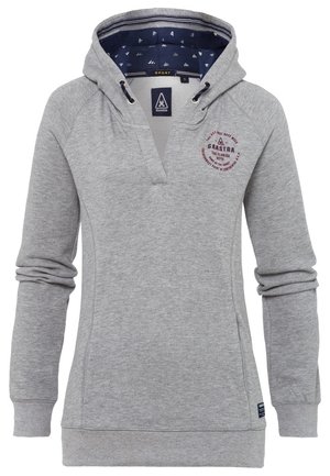 Vaaleanharmaa pitkähihainen huppari, jossa tummansininen purjevenekuvioinen vuori, etutaskut ja vasemmassa rinnassa marjapuuroinen "Gaastra"-logo.