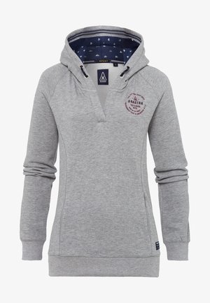 Hoodie à manches longues gris clair avec doublure motif voiliers bleu marine, poches avant, et logo "Gaastra" bordeaux sur la poitrine gauche.