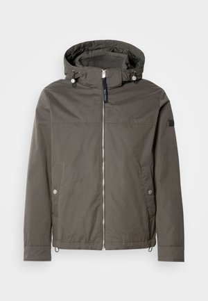 Hall Grey veekindel jope kapuutsiga, ees lukuga, kahe küljetaskuga ja nööriga allservas. Sile tekstuur, minimalistik disain.