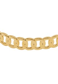 Braccialetto a catena color oro con anelli circolari interconnessi, caratterizzato da una superficie liscia e lucida e un design uniforme.