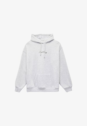 Sudadera con capucha gris, hecha de una tela suave, que cuenta con un bolsillo frontal y un texto bordado "Energia Angelical" en el pecho. Ajuste relajado.