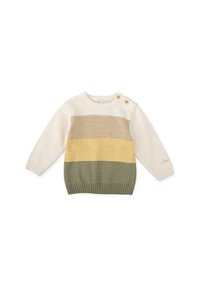 Suéter de punto a rayas en crema, beige, amarillo y verde. Presenta un cuello redondo y dos botones en el hombro. Puños y dobladillo de canalé.