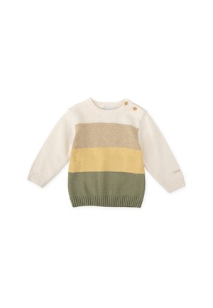 Suéter de punto a rayas en crema, beige, amarillo y verde. Presenta un cuello redondo y dos botones en el hombro. Puños y dobladillo de canalé.