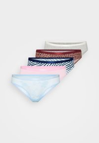 Five women's bikini-style underwear in a row featuring light blue lace, pink, black and white zebra print, leopard print, and gray with white trim.