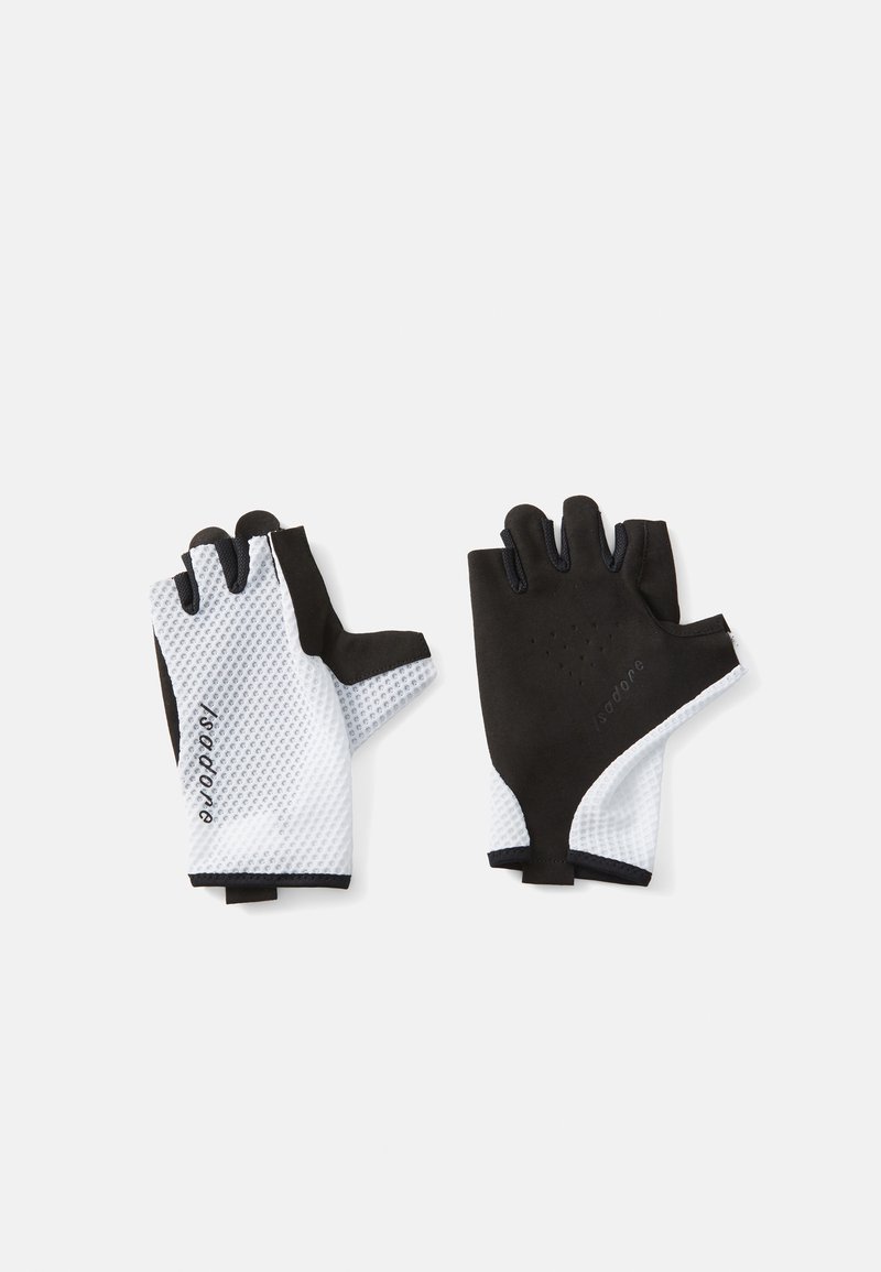 Gants sans doigts noir et blanc avec un tissu maillé texturé et respirant au dos et un matériau lisse sur la paume.