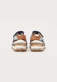 Back view of blue and brown sandals, featuring Velcro straps, open toe, cushioned footbed, and white rubber sole with a textured pattern.
