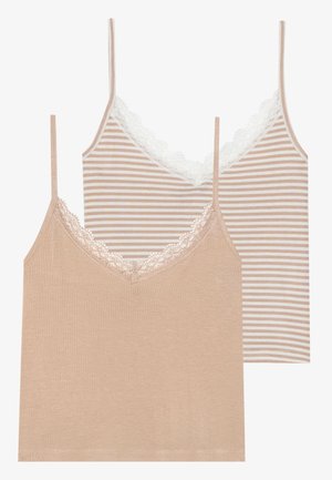 Två linnen: ett i en enfärgad beige nyans med spetskanter, det andra i vit och beige randigt, båda med justerbara spagettistjälkar.
