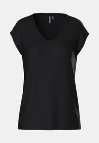 Fekete rövid ujjú póló V-nyakú kialakítással, sima anyagból készült. Laza szabású, tiszta varratokkal. Alkalmas hétköznapi viseletre.