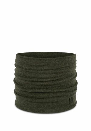 Dark green knit neck gaiter with soft, stretchy fabric and subtle gathered texture, designed for cold weather warmth and comfort.