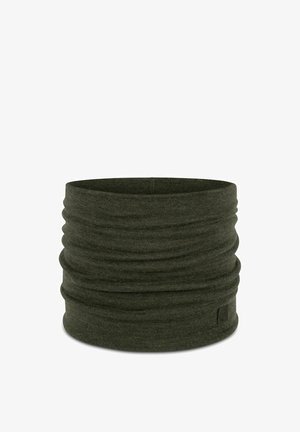 Dark green knit neck gaiter with soft, stretchy fabric and subtle gathered texture, designed for cold weather warmth and comfort.