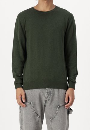 Grüner Rundhals-Pullover aus weichem Material, mit langen Ärmeln sowie Rippenbündchen und Saum. Kombiniert mit hellgrauen Cargo-Hosen.