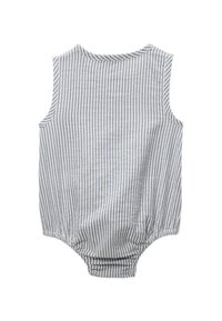 Body à rayures sans manches en bleu clair et blanc, avec un élastique froncé au bas et un tissu doux et respirant.