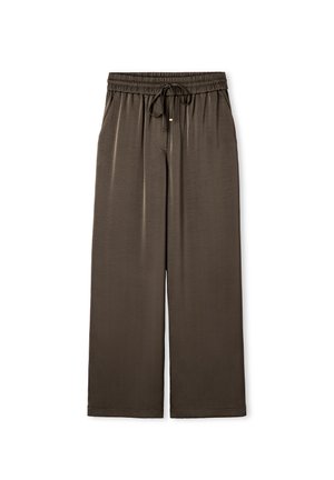Bruine wijde broek gemaakt van een zachte stof, met een elastische tailleband en een koord voor verstelbaar comfort.