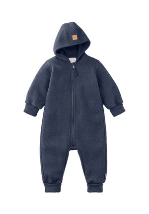 Dunkelgrauer Fleece-Babystrampler mit Kapuze, Frontreißverschluss und gerippten Bündchen an Ärmeln und Beinen.