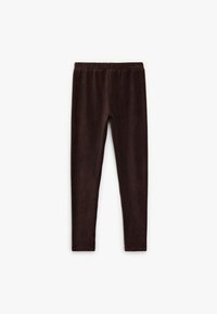 Braune Leggings aus weichem Stoff, mit einem elastischen Bund und einem figurbetonten Design ohne sichtbare Nähte oder Muster.