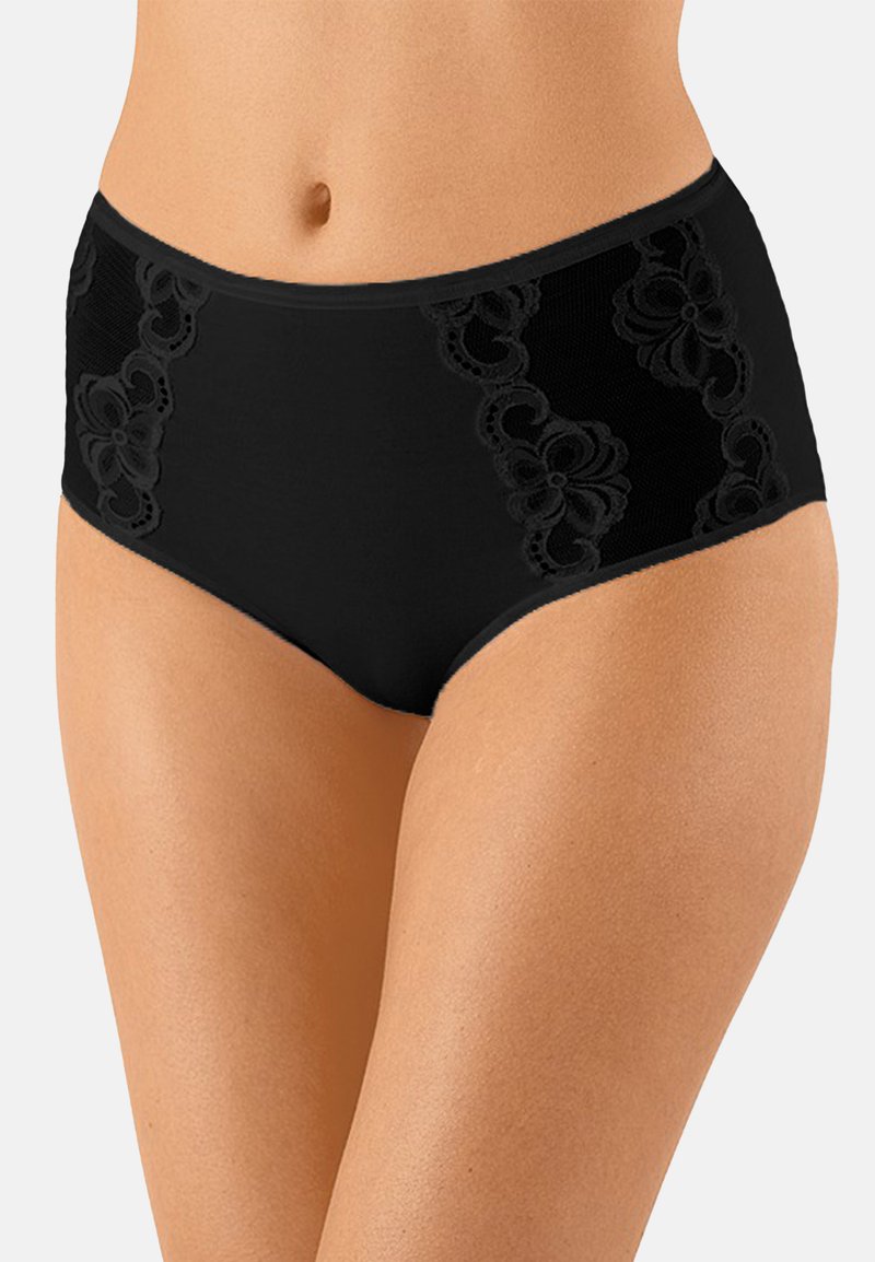 Hoch geschnittene schwarze Unterwäsche mit floralem Spitzeinsatz an den Seiten, einem glatten Material und einem blickdichten Körper.