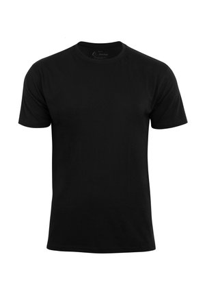 Schwarzes Rundhals-T-Shirt aus Baumwolle, mit kurzen Ärmeln und einem schlichten Design. Sanfte Textur ohne sichtbare Muster oder Akzente.