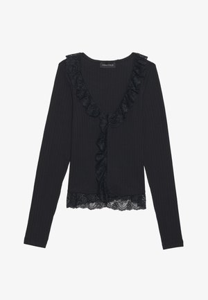 Černý top s dlouhým rukávem a ribbovou texturou, s výstřihem do V a volánkovým krajkovým lemem kolem výstřihu a spodního okraje. Značka: Anna Field.