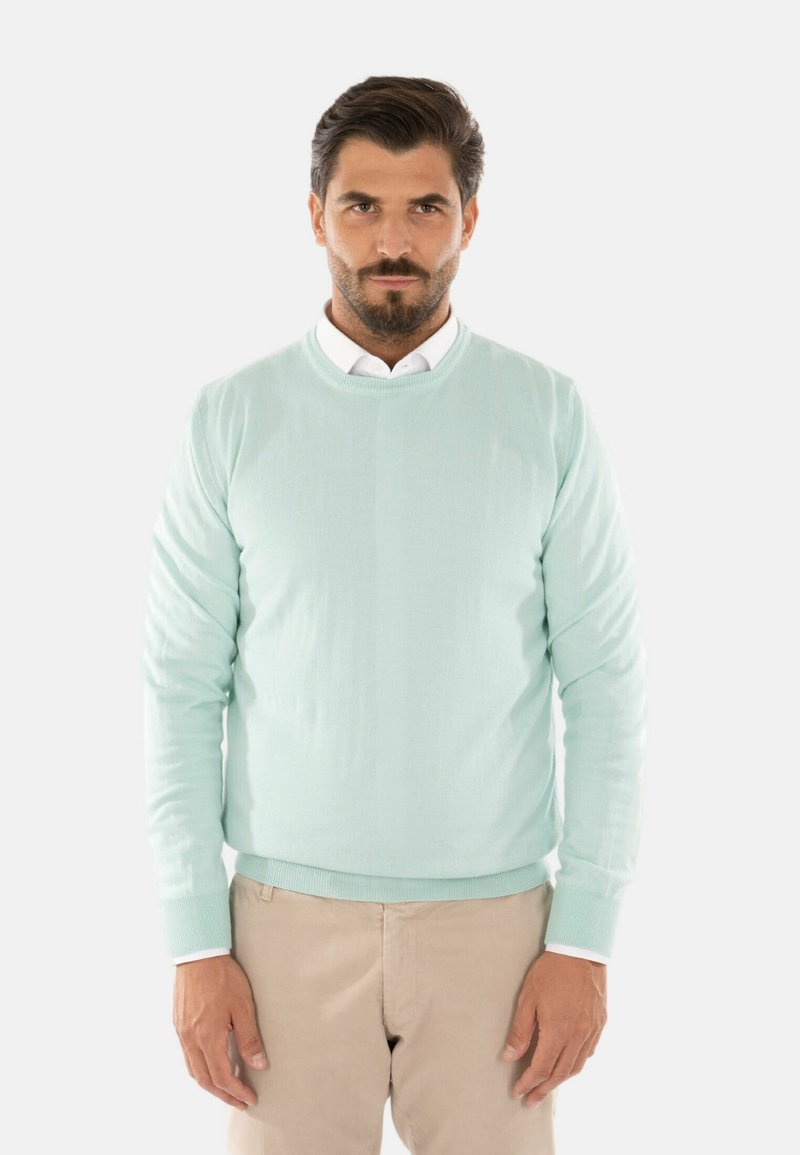 Maglione lavorato a maglia verde menta, con maniche lunghe, scollatura rotonda e polsini a coste, indossato sopra una camicia bianca con colletto e abbinato a pantaloni beige.