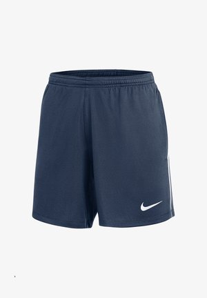 Shorts de sport bleu marine avec taille élastique et logo Nike blanc sur la jambe gauche, sur fond blanc.