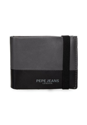 Cartera plegable Pepe Jeans London en negro y gris con cierre de banda elástica en el lado derecho.