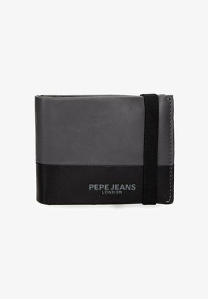 Cartera plegable Pepe Jeans London en negro y gris con cierre de banda elástica en el lado derecho.