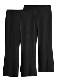 Sorte bukser med vide ben lavet af glat stof, der har forreste læg og elastik i taljen for komfort.