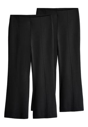 Juodos plačios kelnės iš glotnios medžiagos, su priekinėmis klostėmis ir elastinga juosmens juosta patogumui.