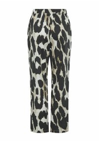 Pantalons en imprimé léopard avec taille élastique, présentant une palette de couleurs noire, blanche et beige, une texture lisse et un design à jambes droites.