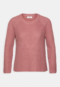 Trui in zacht roze breiwerk, met een ronde hals, lange mouwen en een textuurpatroon met een geometrisch ontwerp aan de voorkant.