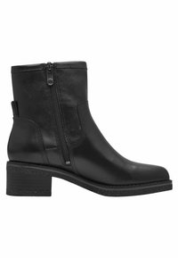 Botas de tobillo de cuero negro con un acabado suave, puntera redondeada y un tacón bajo cuadrado. Presentan una cremallera lateral para facilitar el calzado y costuras elegantes.