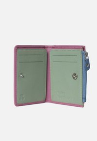 RFID-protected wallet with a pink leather exterior, green interior featuring card slots, and a blue zipper compartment. Text: "today is a good day."