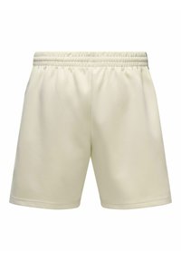 Short de sport beige à taille élastique avec une finition en tissu lisse, sans logos ni motifs visibles.