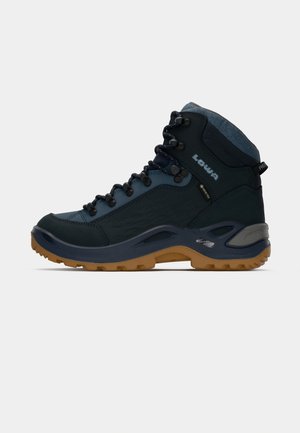 Scarpa da trekking Lowa con tomaia sintetica blu scuro, accenti grigi, suola robusta e lacci neri. Presenta un tallone rinforzato e un rivestimento traspirante.