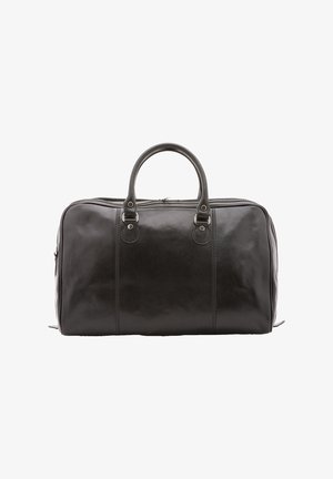 Un sac de voyage en cuir noir avec des poignées arrondies, une fermeture éclair en haut et des détails de couture sur le devant et les côtés. Texture lisse.