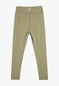 Leggings vert olive en tissu doux et extensible. Taille haute offrant un soutien. Coutures plates pour le confort et une coupe élégante.