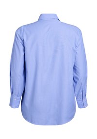 Blue and white striped long-sleeve shirt with a classic collar, button cuffs, and a curved hem. Made from a smooth, lightweight fabric.