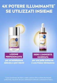 Prodotti NIVEA Luminous Skin Glow: una lozione trasparente con tappo argento ed etichetta viola, e un siero marrone in una bottiglia di vetro con contagocce.