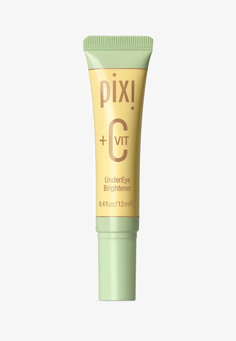 Pixi UnderEye Brightener in un morbido tubo giallo-verde, con un applicatore a torsione. Dimensione 0.4 fl. oz. (12 ml) con etichettatura chiara.